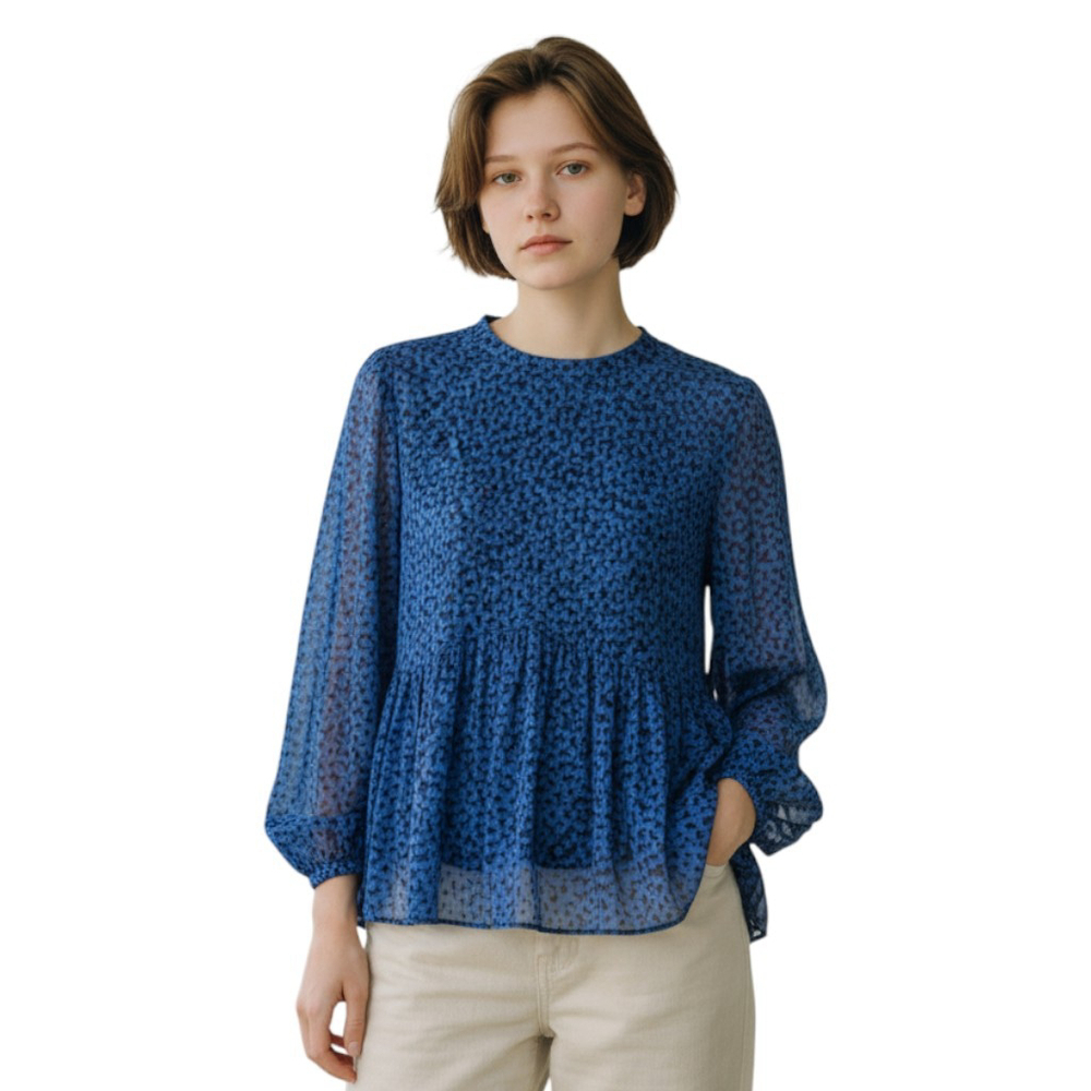 Boden Womens 14 US M Blue Sheer Pleated Ruffle Neck Long Sleeve Blouse Top NWOT